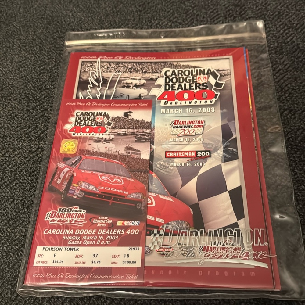 NASCAR Souvenir Program 100th Race At Darlington Ticket and Starting Lineup 2003